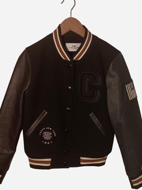 Coach Black Leather-Sleeve Varsity Jacket w/ Striped Trim -